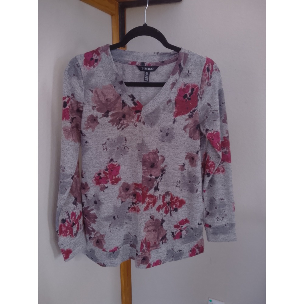 Ellen Tracy Womens Floral V-Neck Long Sleeve Knit Top Heather Gray Pink Small